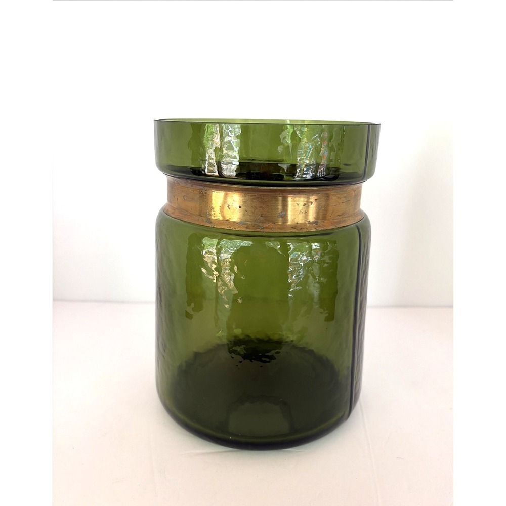 MCM 1960's  Green Art Glass Vase With Cinched Brass‎  Ring 7.5" High Vintage